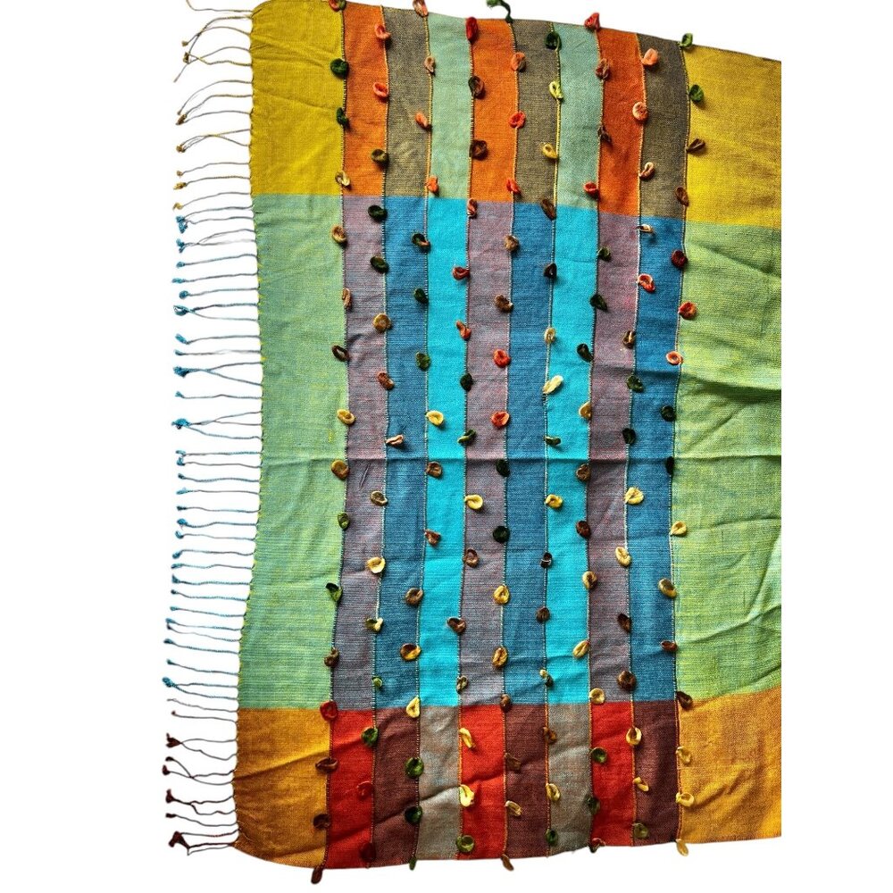 Multicolor Handwoven Cotton Scarf With Embellished Loops & Tassels - Picture 3 of 10